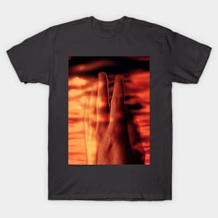 Digital collage and special processing. Hand near soft light. Soft and calm. To exist. Orange and warm. T-Shirt